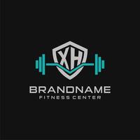 Creative letter XH logo design for gym or fitness with simple shield and barbell design style vector
