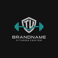 Creative letter TU logo design for gym or fitness with simple shield and barbell design style vector