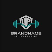 Creative letter UP logo design for gym or fitness with simple shield and barbell design style vector