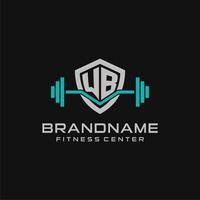 Creative letter WB logo design for gym or fitness with simple shield and barbell design style vector