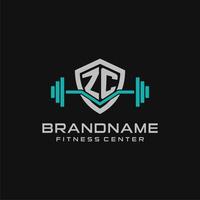 Creative letter ZC logo design for gym or fitness with simple shield and barbell design style vector