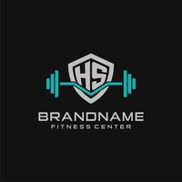Creative letter HS logo design for gym or fitness with simple shield and barbell design style vector