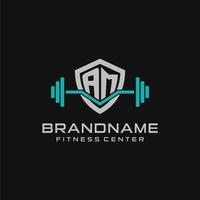 Creative letter AM logo design for gym or fitness with simple shield and barbell design style vector