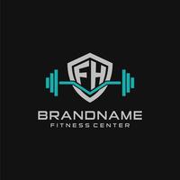 Creative letter FH logo design for gym or fitness with simple shield and barbell design style vector