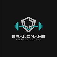 Creative letter LJ logo design for gym or fitness with simple shield and barbell design style vector