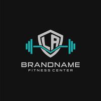 Creative letter LA logo design for gym or fitness with simple shield and barbell design style vector