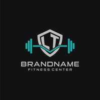 Creative letter LT logo design for gym or fitness with simple shield and barbell design style vector