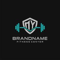 Creative letter MY logo design for gym or fitness with simple shield and barbell design style vector