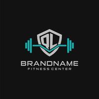 Creative letter QL logo design for gym or fitness with simple shield and barbell design style vector