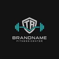 Creative letter TR logo design for gym or fitness with simple shield and barbell design style vector