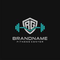 Creative letter RG logo design for gym or fitness with simple shield and barbell design style vector