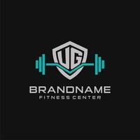 Creative letter UG logo design for gym or fitness with simple shield and barbell design style vector