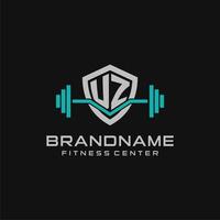 Creative letter UZ logo design for gym or fitness with simple shield and barbell design style vector