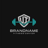 Creative letter UI logo design for gym or fitness with simple shield and barbell design style vector