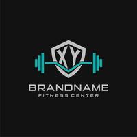 Creative letter XY logo design for gym or fitness with simple shield and barbell design style vector