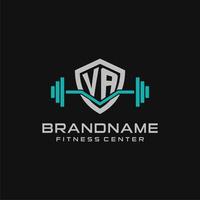 Creative letter VA logo design for gym or fitness with simple shield and barbell design style vector