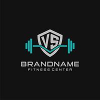 Creative letter VS logo design for gym or fitness with simple shield and barbell design style vector