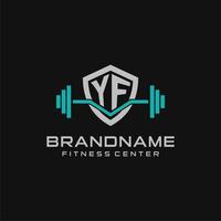 Creative letter YF logo design for gym or fitness with simple shield and barbell design style vector