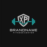 Creative letter XP logo design for gym or fitness with simple shield and barbell design style vector