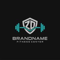 Creative letter ZD logo design for gym or fitness with simple shield and barbell design style vector