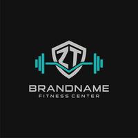 Creative letter ZT logo design for gym or fitness with simple shield and barbell design style vector