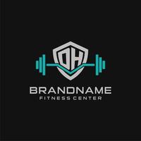 Creative letter DH logo design for gym or fitness with simple shield and barbell design style vector