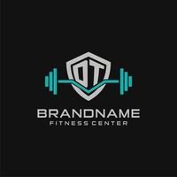 Creative letter DT logo design for gym or fitness with simple shield and barbell design style vector