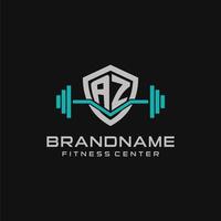 Creative letter AZ logo design for gym or fitness with simple shield and barbell design style vector