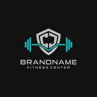 Creative letter CJ logo design for gym or fitness with simple shield and barbell design style vector