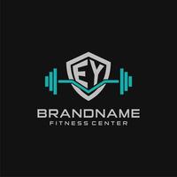 Creative letter EY logo design for gym or fitness with simple shield and barbell design style vector