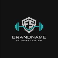 Creative letter FS logo design for gym or fitness with simple shield and barbell design style vector