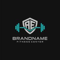 Creative letter AE logo design for gym or fitness with simple shield and barbell design style vector
