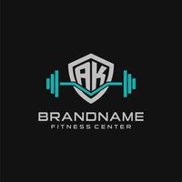 Creative letter AK logo design for gym or fitness with simple shield and barbell design style vector