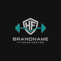 Creative letter HF logo design for gym or fitness with simple shield and barbell design style vector