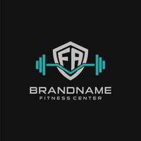 Creative letter FA logo design for gym or fitness with simple shield and barbell design style vector