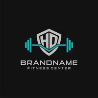 Creative letter HD logo design for gym or fitness with simple shield and barbell design style vector