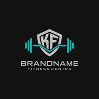 Creative letter KF logo design for gym or fitness with simple shield and barbell design style vector