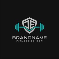 Creative letter JE logo design for gym or fitness with simple shield and barbell design style vector