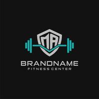 Creative letter MA logo design for gym or fitness with simple shield and barbell design style vector