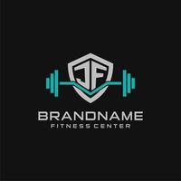 Creative letter JF logo design for gym or fitness with simple shield and barbell design style vector