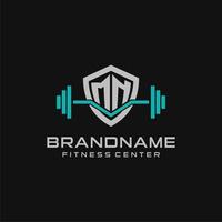 Creative letter MN logo design for gym or fitness with simple shield and barbell design style vector