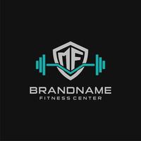 Creative letter MF logo design for gym or fitness with simple shield and barbell design style vector