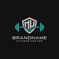 Creative letter MW logo design for gym or fitness with simple shield and barbell design style vector