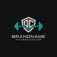 Creative letter QC logo design for gym or fitness with simple shield and barbell design style vector