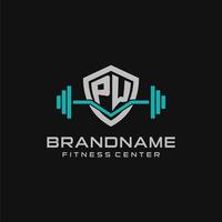 Creative letter PW logo design for gym or fitness with simple shield and barbell design style vector