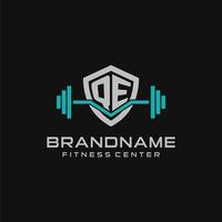 Creative letter QE logo design for gym or fitness with simple shield and barbell design style vector