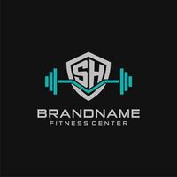 Creative letter SH logo design for gym or fitness with simple shield and barbell design style vector