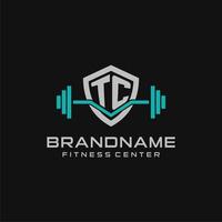 Creative letter TC logo design for gym or fitness with simple shield and barbell design style vector