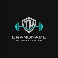 Creative letter TW logo design for gym or fitness with simple shield and barbell design style vector