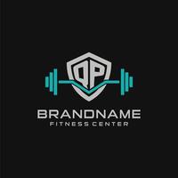 Creative letter QP logo design for gym or fitness with simple shield and barbell design style vector
